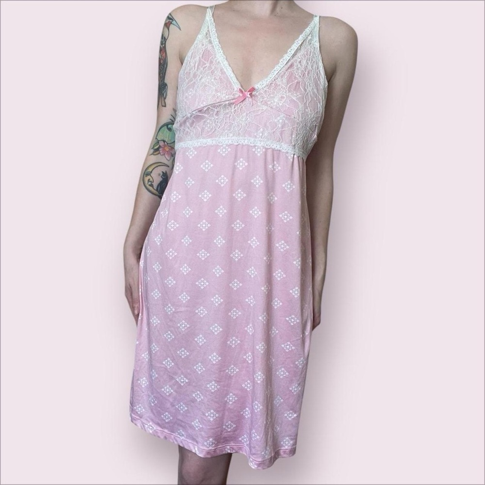 Nanette Lepore Pink Lingerie Chemise with White Lace and Bow